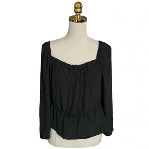 7 FOR ALL MANKIND Black Puff Sleeve Square Neckline Peplum Satin Blouse Size XL
